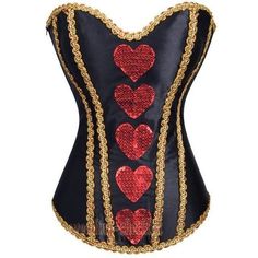 a black corset with red hearts on the front and gold trimmings