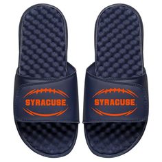 a pair of blue sandals with an orange and black logo on the bottom, which reads syracuse