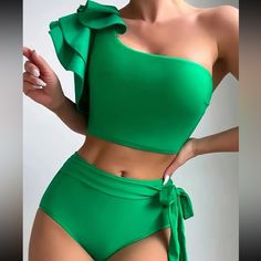 Perfect Vacation Vibes!!! A Simple Design With Incredible Structure & Detail - Beautiful Kelly Green - Single Shoulder With Ruffled Sleeve - Clean Lines - Nice, Stretchy Material - High Waisted Bottoms With Flattering Coverage New Medium Top Measures 16” Pit To Pit (Lying Flat And Unstretched) And Is 14.5” Long Bottoms Measure 13.5” At The Waist (Lying Flat And Unstretched) And Are 9” Long Comment With Any Questions - Happy To Help! Happy To Bargain And Bundle - Thanks So Much Swimsuit, Beach, B Green Summer Tankini For Party, One Shoulder Summer Tankini For Pool, Green Summer Party Tankini, Solid Summer Party Swimwear, Solid Color Summer Party Swimwear, Summer Party Swimwear In Solid Color, Summer Party Green Tankini, Solid Color Tie-side Swimwear For Parties, Green Fitted Tankini For Party