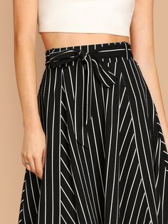 Black Casual   Polyester Striped A Line Embellished Slight Stretch Spring/Summer/Fall Women Bottoms High Skirt, Latest Skirts, Striped Skirt, Womens Pencil Skirts, Elegant Skirt, Fall Skirts, Stripe Skirt, Fashion 2020, Circle Skirt