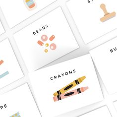 six cards with different types of crayons on them