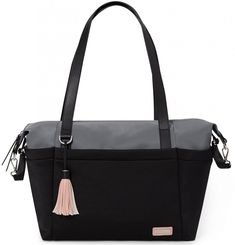 a black and grey handbag with tassels on the handles, two zippered compartments