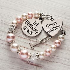 The Bracelet will be as shown in the photo but with the date you require. The bracelet is made of Swarovski white and rosaline pink pearls in 8 and 6mm pearls along with swarovski crystal bicones in clear AB . Choose the size you need from the drop down box. The bracelet will be presented in a gift box ready to give to the recipient. Shipping - Please see all dispatch and delivery times as by purchasing this item means that you agree to them. Basic shipping ( no Tracking number ) will be deliver Daughters First Birthday, Birthday Granddaughter, Baby's 1st Birthday, Gift For Granddaughter, Birthday Bracelet, Pink Pearls, 1st Birthday Gifts, Baby 1st Birthday, Personalized Bracelet