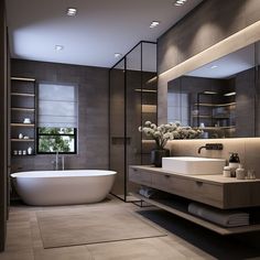 a bathroom with a tub, sink and large mirror in the middle of it's wall