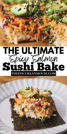 Sushi Bake Bowl, Sweet Egg Sushi, Healthy Summer Dinner Recipes Gluten Free, Healthy Salmon Sushi Bake, Shrimp And Salmon Recipes Dinners, Salmon Dinner Recipes For Two, Crispy Salmon Sushi Bowl, Salmon Recipes With Avocado, Spicy Salmon Bake