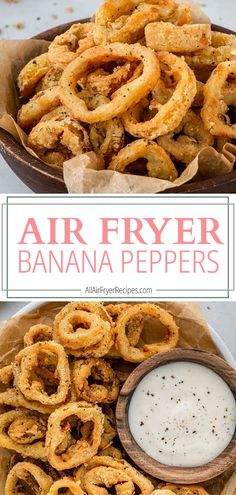 air fryer banana peppers in a bowl with ranch dip and sauce on the side