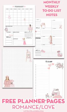 the printable planner page is shown with pink flowers and hearts on it, along with an image of a woman's dress