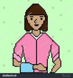 a pixel art woman in pink shirt holding a blue container and looking at the camera