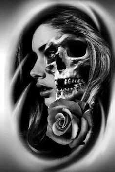 a woman holding a rose in front of her face with a skull on the side