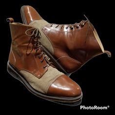 Rare Find!! Custom-Made In Italy By Idea, Men's Brown Leather & Khaki/Tan Canvas Boots With Gorgeous Patina In Size 45eu = Men's Size11.5/12. Cap Toe & Shaft In Leather, Uppers In Canvas. Idea Is An Italian Custom Shoe Company That Makes Limited Edition Designs & Only Ships To The Us, Uk & Europe. Make An Offer Or Bundle With 1/More Items From My Closet To Automatically Save Minimum 10% Off Your Entire Order! Happy Poshing To U! Classic Brown Boots With Leather Trim, Canvas Boots, Shoe Company, Custom Shoes, Brown Leather, Patina, Shoes Mens, Men's Shoes, Shoe Boots