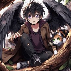 an anime character sitting in a tree with a cat on his lap next to him