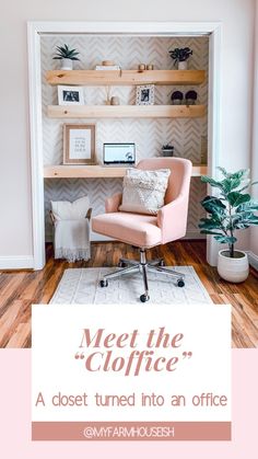 a pink chair sitting on top of a wooden floor next to a shelf filled with pictures