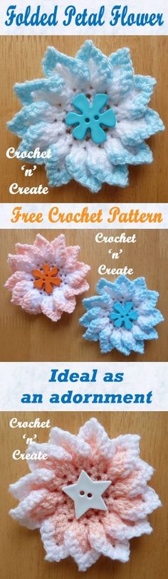 four crochet flower patterns for the headbands and hair clips, all in different colors