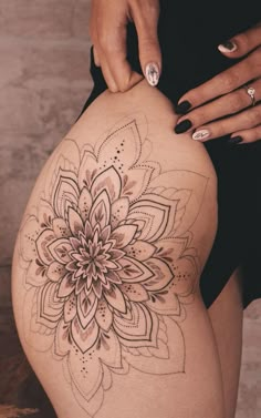 Mandala Tattoo Hip For Women, Mandala Tattoo Woman, Mandala Tattoo On Thigh, Ocean Life Tattoos For Women, Mandala Thigh Tattoos, Mandela Tattoo Thigh, Women Mandala Tattoo, Mandala Tattoo Ideas For Women, Mandala Tattoo For Women