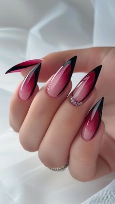 Unique Black Nail Designs, Pointy Acrylic Nails Designs, Gothic Fairy Nails, Nails Gothic Ideas, Witchy Nails Acrylic, Hades Nails, Dracula Nails, Short Pointed Nails, Flashy Nails