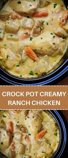 crock pot creamy ranch chicken with potatoes, carrots and parsley in it