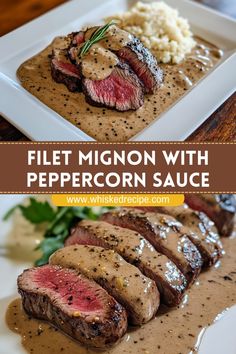 filet migon with peppercorn sauce on a white plate