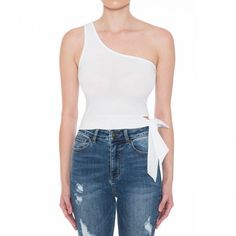 Details: - One shoulder -Sleeveless -Cropped -Asymmetric self-tie hem detail - Form-fitting silhouette Fabric: 95% COTTON 5% SPANDEX One Shoulder Crop Top, Small Crop Tops, Shoulder Crop Top, Large White, Basic Tank Top, One Shoulder Blouse, One Shoulder, Crop Top, Spandex