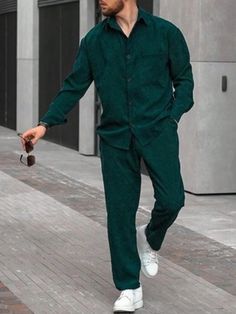 Green Casual Collar   Plain  Embellished Non-Stretch  Men Clothing All Green Outfit, Emerald Green Outfit, Shirt And Pants Set, Sparkly Outfits, Soft Dramatic, Pants Outfit Men, Summer Party Outfit, Green Outfit, Green Pants