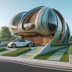 a car parked in front of a futuristic building