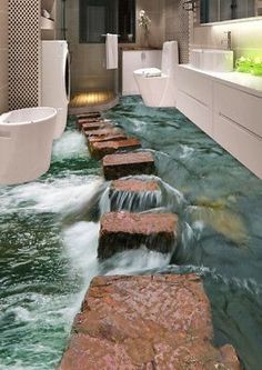 a bathroom with water flowing down the floor