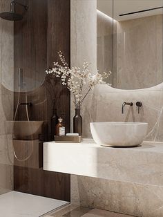 a bathroom with a sink, mirror and shower head in the corner next to it