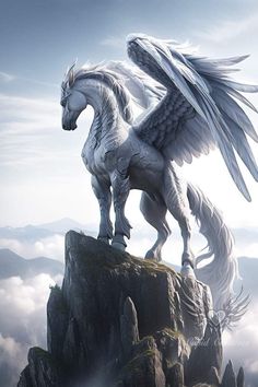 a white horse standing on top of a mountain with wings outstretched in the sky above it