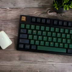 a computer keyboard and mouse on a wooden table with a potted plant in the background