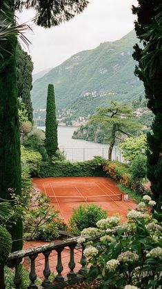 a tennis court surrounded by trees and bushes