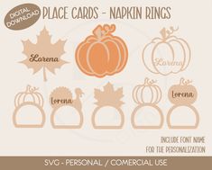 pumpkins, leaves and acorns with the names of each individual use in this design