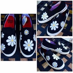 DAISIES Hand Painted Shoes Hand painted canvas slip on shoes girls size 4 Shoes Sneakers Spring Canvas Shoes With Rubber Sole For School, Spring School Canvas Shoes With Rubber Sole, Spring Sneakers For School, Spring Slip-on Sneakers For School, Black Spring Sneakers For School, Black School Sneakers For Spring, Black Sneakers For School In Spring, Fun Spring Sneakers For School, Fun Non-slip Sneakers For Spring