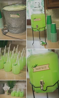 there are many different shots of green drinks in the ice buckets and cups with straws sticking out of them