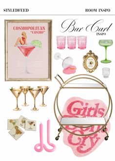 the contents of a pink and gold cocktail party