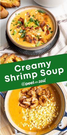 creamy shrimp soup with corn and bread on the side