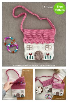 a crocheted purse is shown with the instructions to make it look like an old house