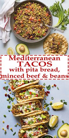 mexican tacos with pita bread, minced beef and beans on a blue background