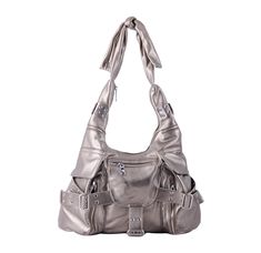 a silver purse with multiple compartments on the front and side, tied up in a bow