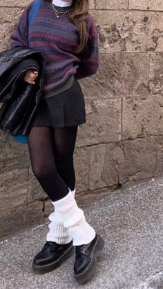 Doc Martens Tights Outfit, Doc Martens Autumn Outfit, Cute Winter Outfits Skirts, White Turtleneck And Skirt Outfit, Platform Docs Outfit Winter, Outfits With Black Skirt Winter, Winter Sweater And Skirt Outfit, Black Skirt Leg Warmers Outfit, Doc Martens Outfit Autumn