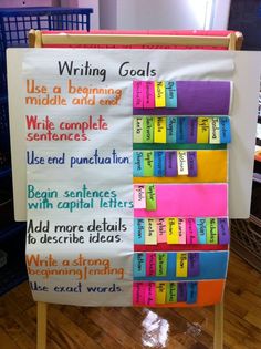 a bulletin board with writing goals written on it in front of a pile of books