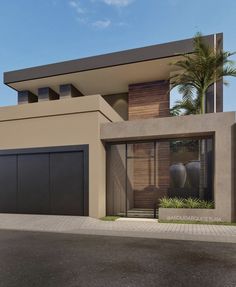 an artist's rendering of a modern house with two garages and palm trees