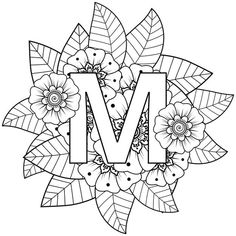 the letter m with flowers and leaves on it is outlined in black and white coloring