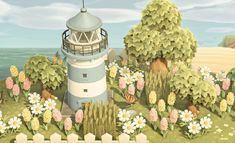 a painting of a light house surrounded by flowers and trees in the background is an ocean