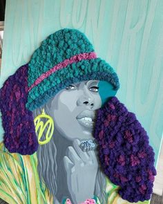 a painting of a woman wearing a crocheted hat with her hands on her face