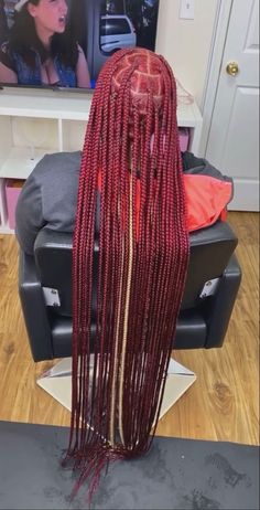 Hairstyles With Red Hair Black Women Braids, Burgundy Hairstyles For Black Women Braids, Big Knotless Box Braids Burgundy, Burgundy And Red Braids, Long Burgundy Knotless Box Braids, Red Knotless Box Braids Medium, Red Knot Less Braids, Large Red Knotless Braids, All Red Braids