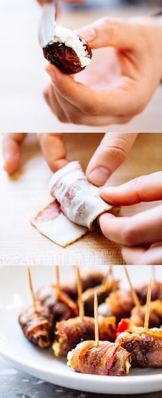 the food is being prepared and ready to be eaten at the table for consumption, including skewered meats with toothpicks