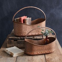 two metal baskets sitting on top of a wooden table next to books and a plant