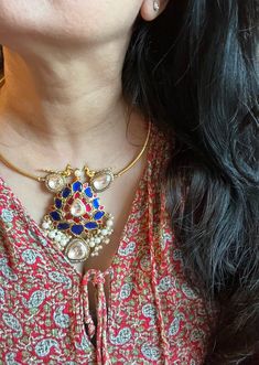 Premium quality. New arrivals for the festival season ♥️ The gorgeous necklace is beautifully handcrafted by our skilled Indian craftsmen. Material: Brass. This is one of a kind designer piece that will make you stand out among the crowd. Weight: 73 grams Height of Pendant: 3.5 inches Width of Pendant: 2.5 inches Hook closure, adjustable Unique One Of A Kind Jewelry For Festivals, Unique One-of-a-kind Festival Jewelry, Chandbali Necklaces For Celebrations And Festivals, Temple Jewelry Style Choker Necklace For Festivals, Temple Jewelry Style Festive Choker Necklace, Heavy Necklace For Diwali Gift, Chandbali Necklace For Celebrations And Festivals, Tilla Necklaces For Festivals And Celebrations, Unique Long Necklace Jewelry For Festivals