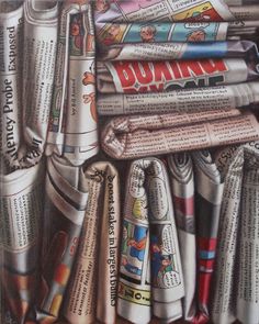 a painting of newspapers stacked on top of each other