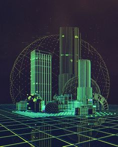 an image of a futuristic city with buildings and lines on the ground in front of it