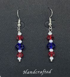 Seven alternative red, white and blue crystal beads Independence Day Dangle earrings Surgical steel ear wires Nickel Free Dangle Jewelry For 4th Of July, Patriotic Earrings For 4th Of July, Blue Ear Wire Jewelry For 4th Of July, Patriotic 4th Of July Earrings, 4th Of July Dangle Earrings For Gift, Red Dangle Jewelry For 4th Of July, Patriotic Drop Earrings For 4th Of July, Patriotic Handmade Beaded Earrings As Gift, 4th Of July Gift Dangle Earrings